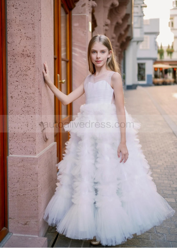 White Tulle Ruffled Fairytale Flower Girl Dress